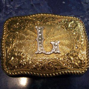 VINTAGE EL ARTURO BRONZE CRUMRINE Belt Buckle INITIAL ''L'' COWBOY